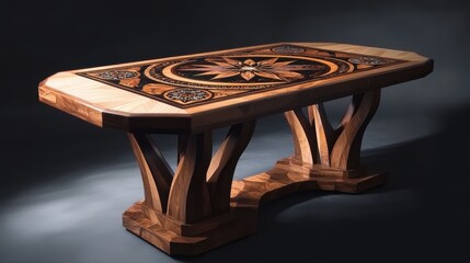 A beautifully crafted wooden table featuring marquetry designs inspired by cultural heritage and traditional motifs. 