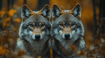Fototapeta premium Two grey wolves looking directly at the camera in a forest setting.