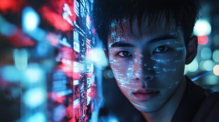 A man with a computer screen behind him