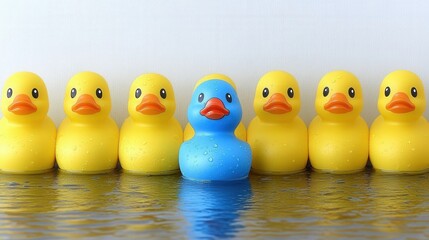 Unique Blue Rubber Duck Surrounded by Yellow Ducks in Water, Representing Individuality Amidst Conformity, Highlighting Contrast in Color and Personality