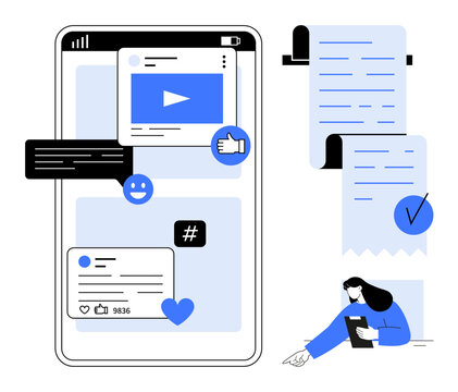 A mobile phone interface showcasing social media engagement metrics like likes, comments, and views. Features a person working on a tablet. Ideal for social media, content creation, digital
