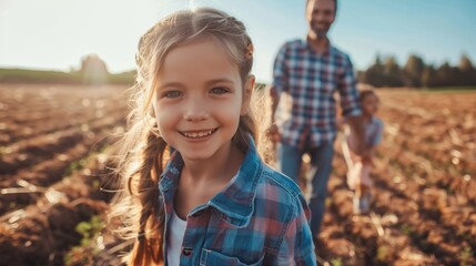 Family enjoying quality time outdoors in a rural setting, with a father and daughter bonding while exploring a field, emphasizing agriculture, sustainability, and happiness