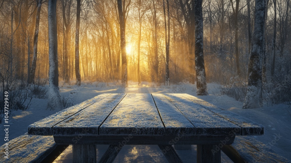 Poster a snowy picnic table sits quietly in a serene forest as the sun sets on the horizon, casting a warm 