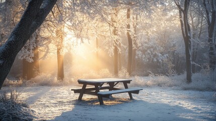 Naklejka premium A picnic table sits in a snowy clearing, illuminated by soft sunlight filtering through frosted trees. The serene winter landscape is tranquil and evokes a peaceful atmosphere amid nature.