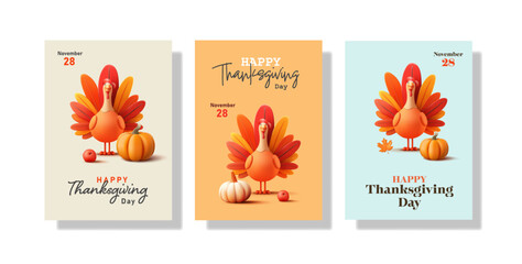 Thanksgiving poster. 3D stylized turkey bird, pumpkin, apple, leaves. Bright posters for celebrating a traditional American holiday. Generous harvest. Vector