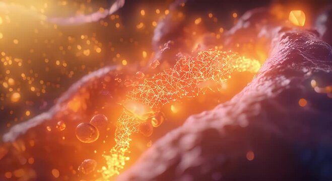 Slow motion VDO of Time-lapse visualization of drug metabolism, showing a chemical compound breaking down inside a glowing human cell, with energy transfer represented by light particles