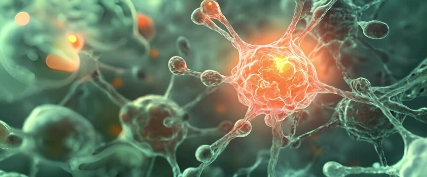 Slow motion VDO of Time-lapse visualization of drug metabolism, showing a chemical compound breaking down inside a glowing human cell, with energy transfer represented by light particles