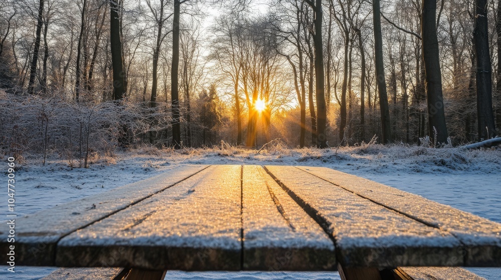 Leinwandbilder a frosted picnic table sits quietly in a serene winter forest as the sun rises, casting golden rays 