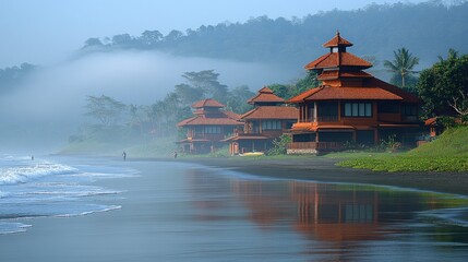 Fototapeta premium Traditional wooden houses on a beach with misty hills in the background.