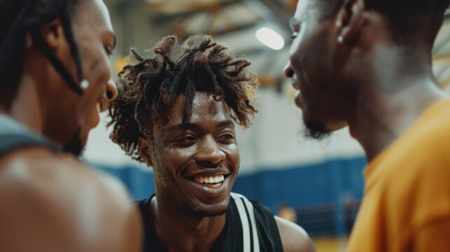 Team members discussing game fitness and training on a basketball court, engaging in conversation about competition and exercise challenges