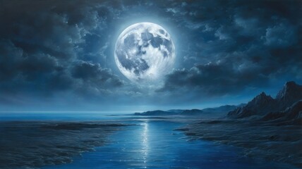 Fototapeta premium A large, full moon hangs in a dark blue sky over a still, reflective body of water in a landscape of mountains.