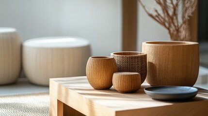 Wooden accent pieces in a minimalist room, showcasing the beauty of simplicity in handcrafted furniture design. 