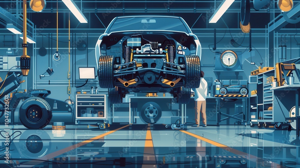 Leinwandbilder a mechanic is focused on servicing a vehicle elevated on a hoist in a busy auto repair workshop, sur