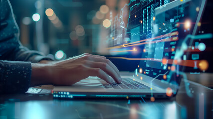 Hands typing on laptop with digital data visualization overlay