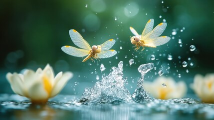 Two dragonflies in flight over a water lily pond, with splashes of water in front of them.