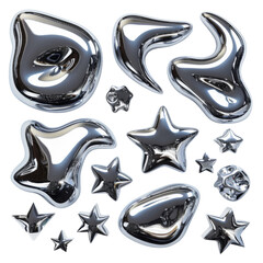 3d chrome metal organic fluid shapes and stars isolated on transparent or white background