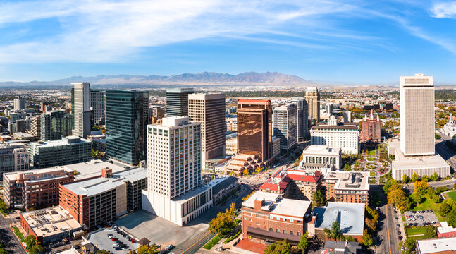 Aerial view of Salt Lake City, Utah skyline. SLC is the capital and most populous city of the U.S. state of Utah and the county seat of Salt Lake County