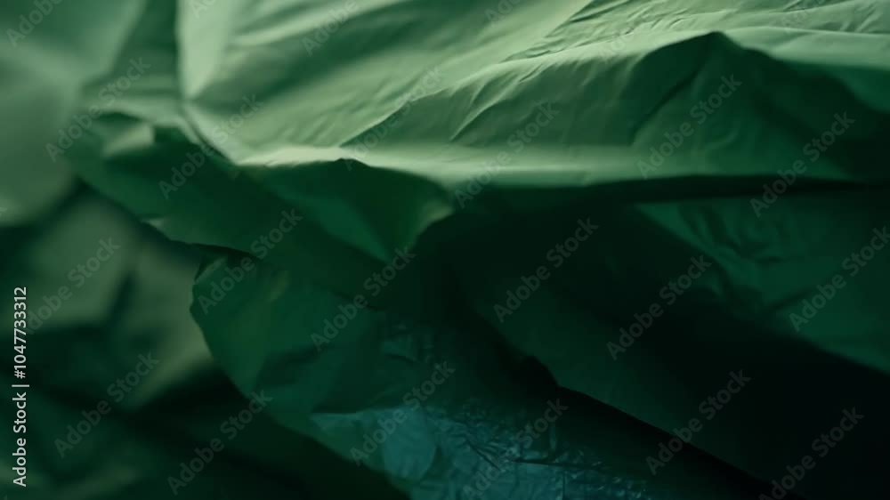 Poster A close-up showcases crumpled green paper, allowing its unique texture and subtle shadows to emerge under soft, warm lighting that highlights its folds.