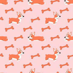 Seamless pattern featuring a cute corgi surrounded by bone-shaped cookies, perfect for adding a playful touch to autumn-themed designs.