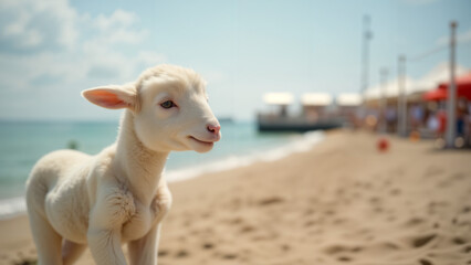 Obraz premium A Curious Lamb Observing the Bustling Platform Along a Beautiful Beach, Embracing the Cheerful Atmosphere of Seaside Life