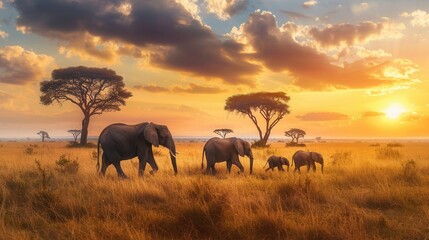 Obraz premium A family of elephants strolls gracefully through the African savanna while the sun sets, casting a golden glow across the grasslands. Generative AI