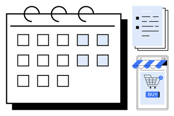 Monthly calendar with square dates, documents with checkmarks, and a mobile app showing an online shopping cart with a Buy button. Ideal for scheduling, planning, shopping, productivity, time