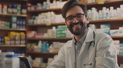 Fototapeta premium Portrait of a man smiling at a pharmacy counter with a tablet, highlighting customer service, medical advice, and prescription medications at the checkout