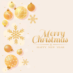 Christmas card with gold baubles and snowflakes on beige, Vector