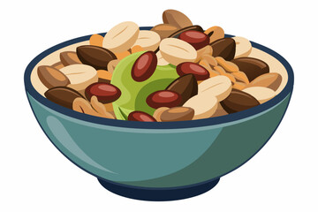 Mixture of nuts and raisins in bowl, on white background 