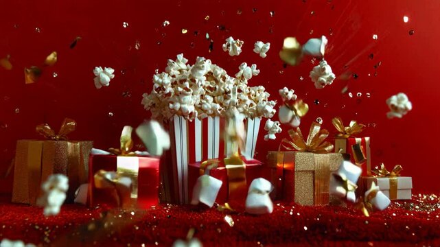 A box of popcorn surrounded by golden gift boxes on a red background. Fresh popcorn and gifts falling from above. High quality 4k footage