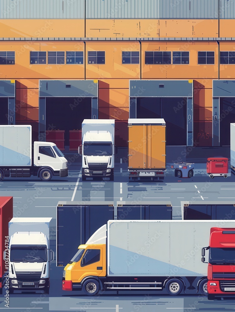 Poster a lineup of trucks and vans are parked strategically at a warehouse, awaiting loading and distributi