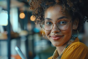 Obraz premium Cheerful young businesswoman engaged with a digital tablet in an office setting, utilizing social media at her desk