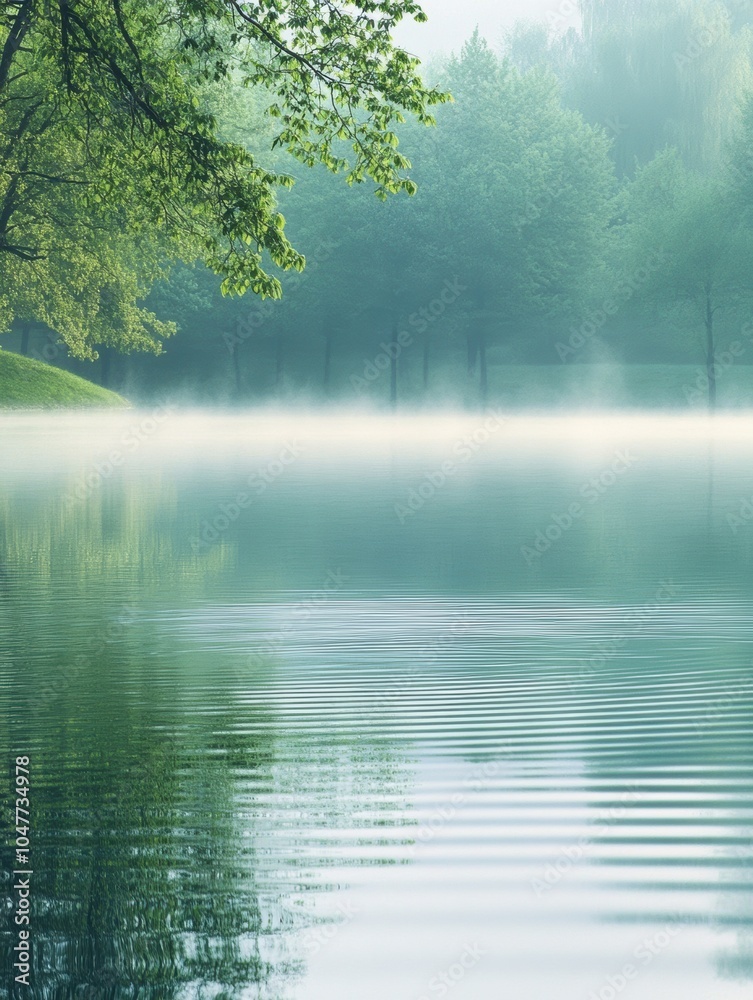 Leinwandbilder the lake's glassy surface reflects the mist and lush greenery, creating a serene atmosphere at dawn,