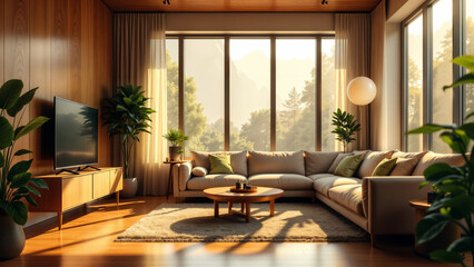 Fototapeta premium A Beautifully Designed Cozy Living Room Bathed in Sunlight with Stylish Furniture and High Windows Offering Warmth and Comfort