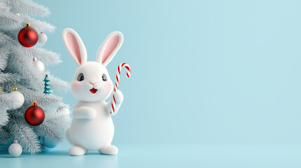 Obraz premium cheerful white rabbit holds candy cane beside decorated Christmas tree, creating festive and joyful atmosphere perfect for holiday celebrations. 3D illustration