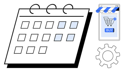 Calendar with monthly layout and highlighted dates, smartphone with shopping cart and buy button, and a gear symbol. Ideal for online shopping, scheduling, e-commerce, digital planning