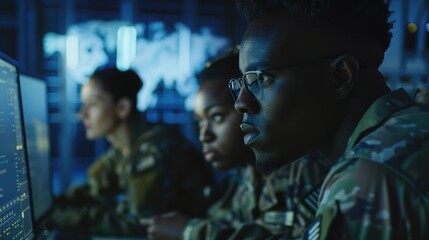 Military planning and communication using technology, focusing on cyber security and data management, featuring a discussion about monitor usage in a strategic room