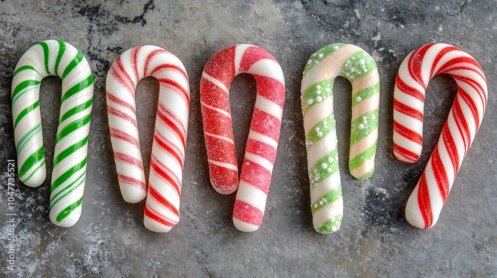 Wall mural five candy canes arranged in a row on a grey surface.