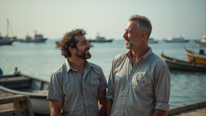 Fototapeta premium Friends Sharing Lively Stories by the Water, Surrounded by Boats and Tranquility
