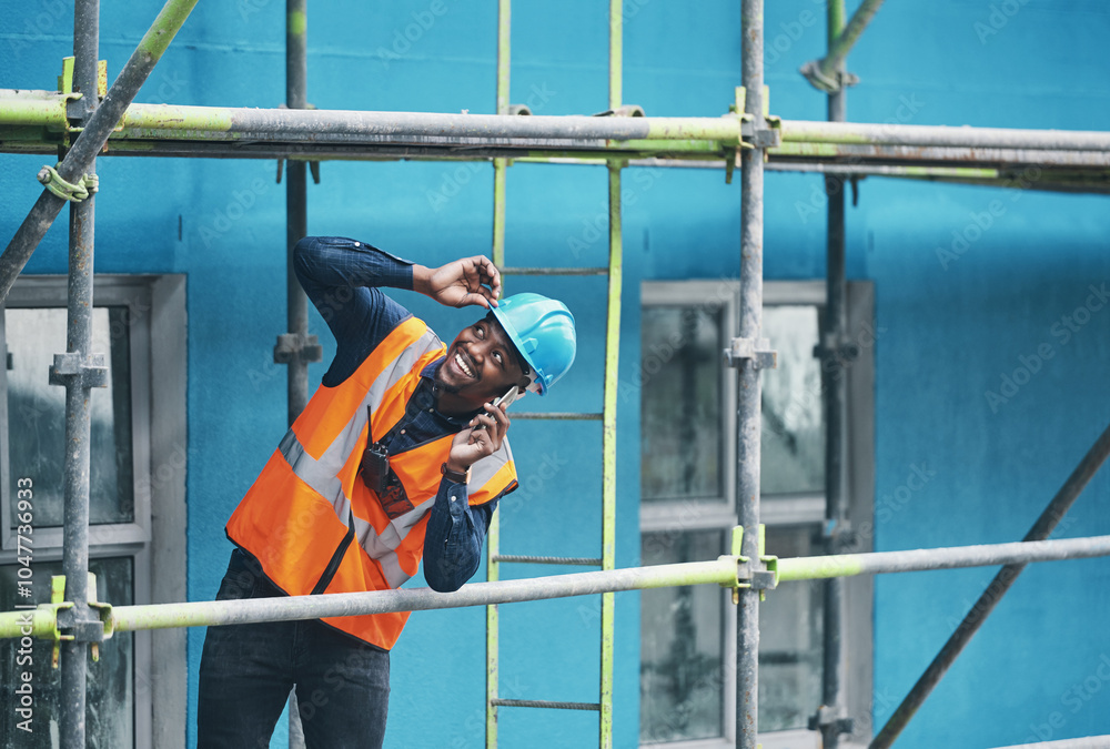 Poster phone call, construction site and black man with scaffolding, hard hat and architecture for city dev