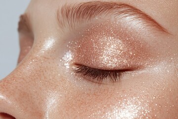 Fototapeta premium Close-up of glittery eyelid with freckles and shimmery makeup