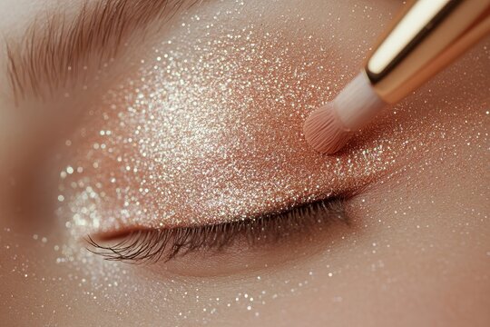Close-up of glittery eye makeup application with soft brush on closed eyelid