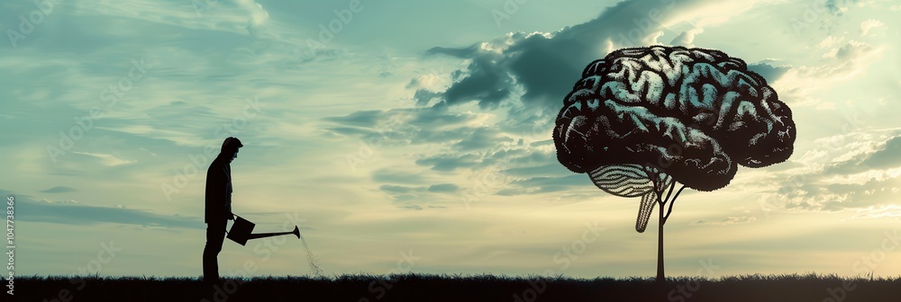 Aufkleber a silhouette of a man waters a tree resembling a brain, illustrating the connection between educatio