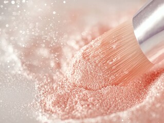 Fototapeta premium Elegant makeup brush with pink shimmer powder in soft focus