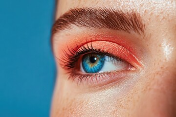 Fototapeta premium Vibrant blue eye with bold coral eyeshadow against a smooth blue background