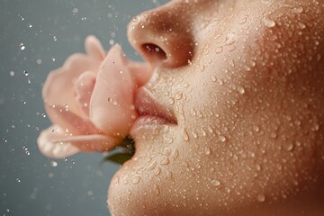 Fototapeta premium Close-up of dew-kissed flowers and face with soft pink petals and water drops