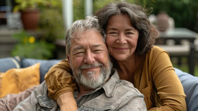 Content older couple embracing on patio furniture in a backyard garden, showcasing their loving connection and happiness in a relaxed setting