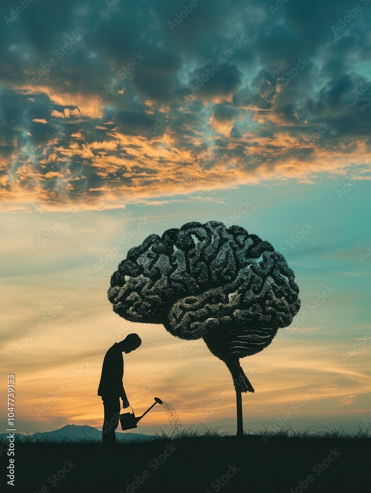 Poster a man is watering a tree that resembles a human brain against a vibrant sunset, illustrating the con
