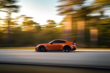 Fototapeta premium An dark orange racing car driving forward photograph