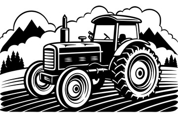 Classic Farm Tractor Silhouette in Rural Landscape